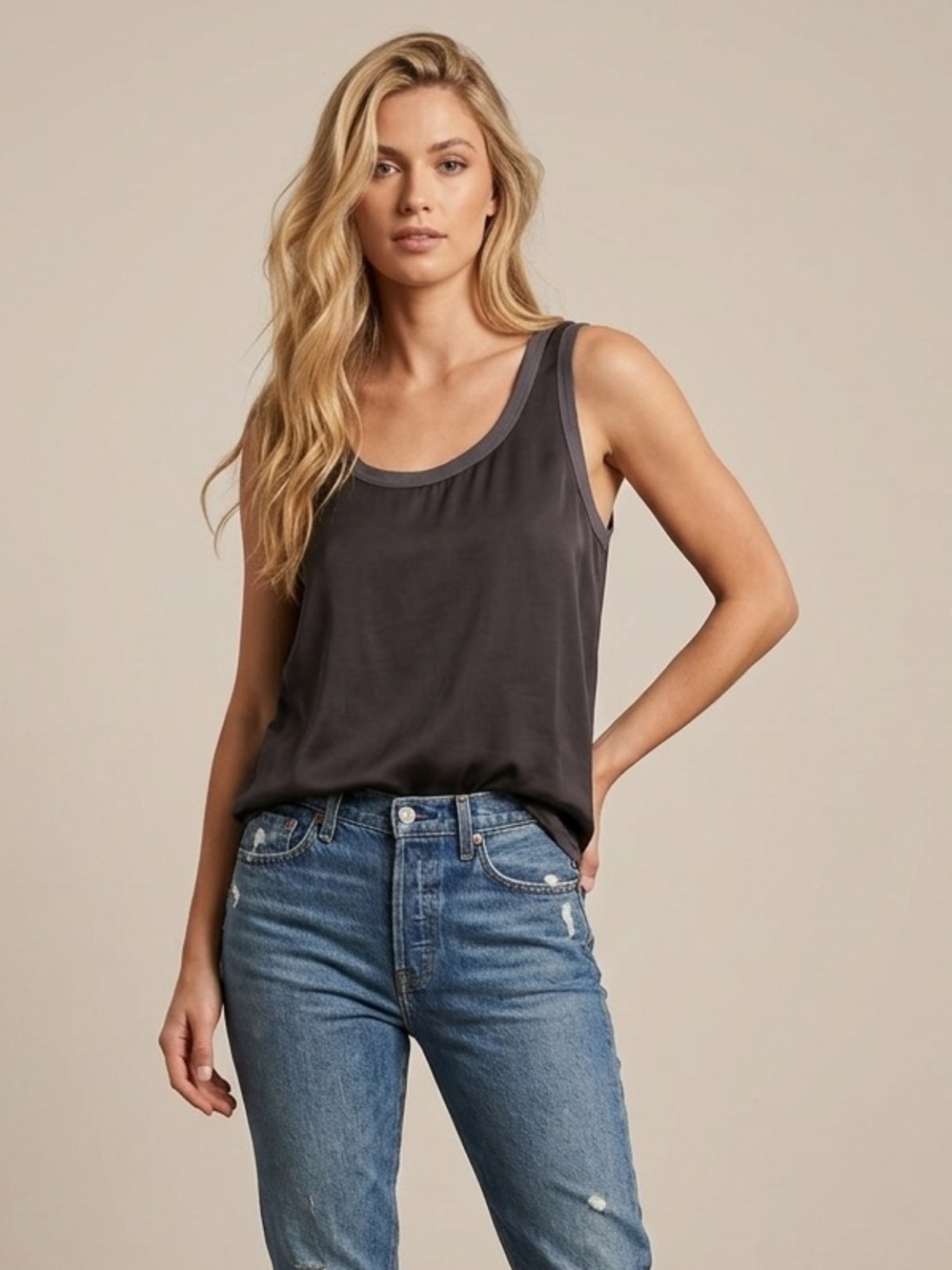 Nation LTD JoJo Tank Satin Scoop Neck Slate Trim Contrast Black NWOT Medium